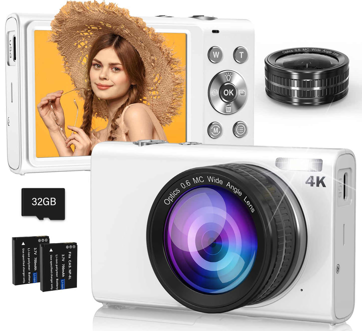 Digital Camera, 4K Digital Camera with Wide Angle Lens, 64MP Autofocus 16X Digital Zoom YouTube Compact Point Shoot Vlogging Camera for Teens/Beginners, 32GB Card, 2 Batteries(White)