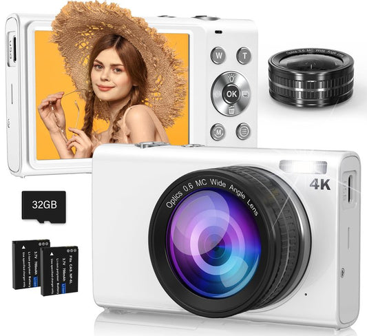 Digital Camera, 4K Digital Camera with Wide Angle Lens, 64MP Autofocus 16X Digital Zoom YouTube Compact Point Shoot Vlogging Camera for Teens/Beginners, 32GB Card, 2 Batteries(White)
