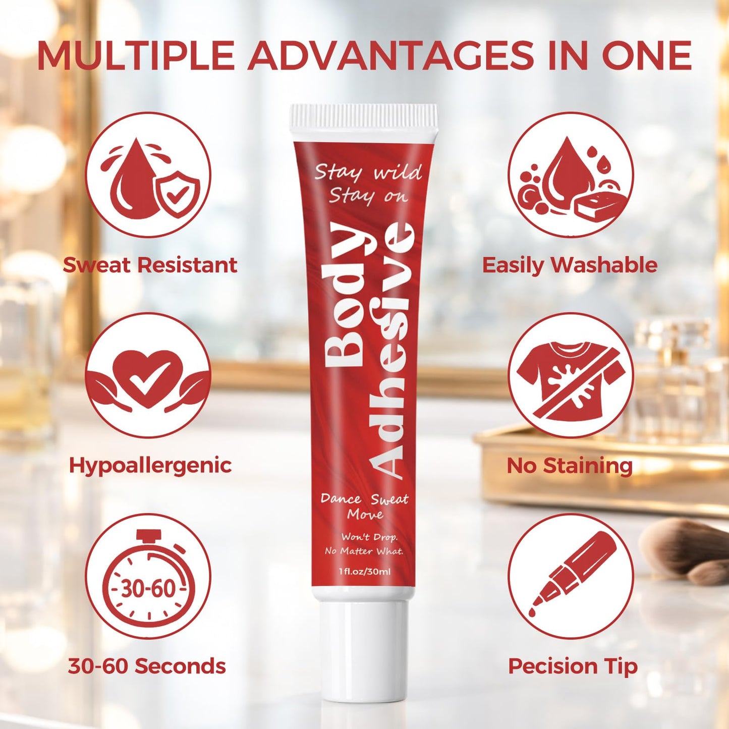Body Glue Adhesive for Clothes and Skin, Liquid Butt Adhesive for Dancers, Fashion Tape Alternative for Low-Cut Styles for Women's Bras, Wigs, Stockings, Compression Stockings, Leotards, Costumes