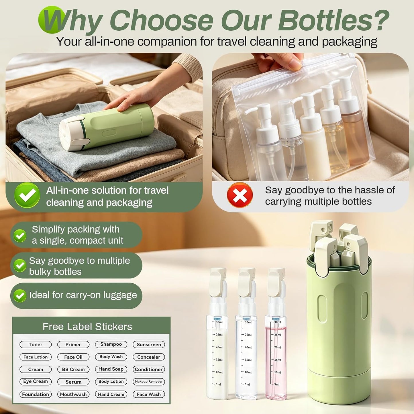 4 in 1 Travel Dispenser Bottle Set - Leakproof 30ML Toiletry Containers | TSA Approved, Labelled for Shampoo, Lotion, Conditioner, Cream