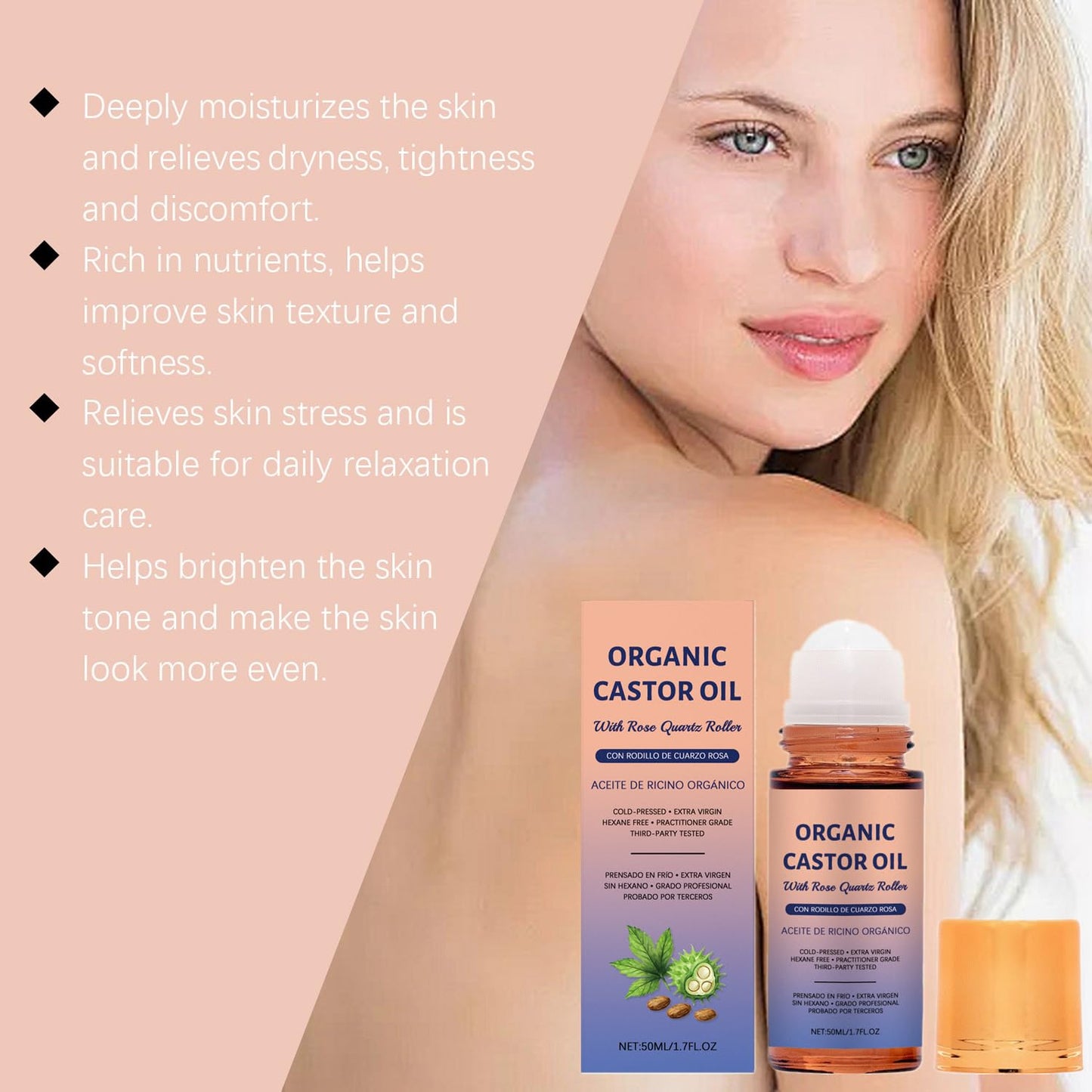 Organic Castor Oil Roll-On with Rose Quartz - 100% Pure Cold-Pressed for Hair Growth, Eyelashes & Skin | 50ml