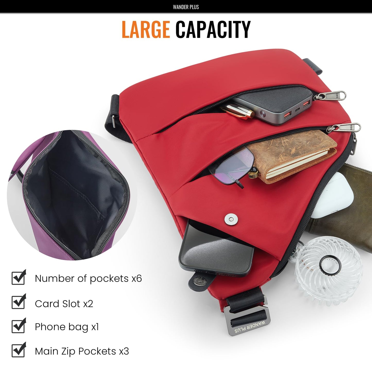 WANDER PLUS® Anti Theft Crossbody Travel Bag for Women Men, Multi-Pocket Crossbody Bag, Slim Sling Bag