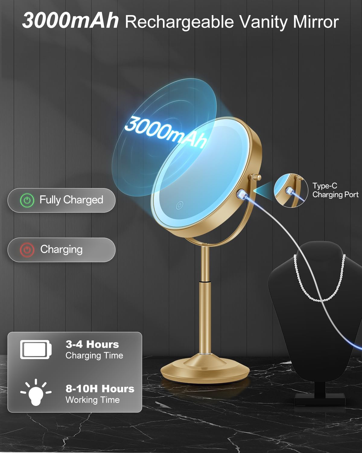Lighted Makeup Mirror with Adjustable Height - 1X/30X Magnifying Double-Sided Vanity Mirror | 3000mAh Rechargeable, 3 LED Lighting Options for Women