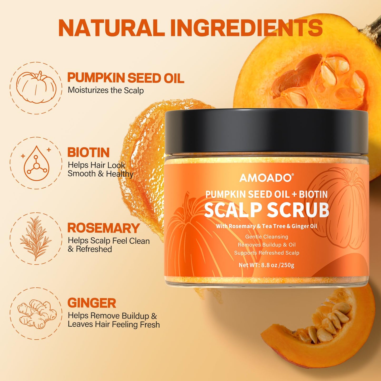 AMOADO Scalp Scrub, Pumpkin Seed Oil Scalp Exfoliator With Biotin & Rosemary, Sulfate Free Scalp Detox for Itchy Scalp & Dandruff & Buildup Removal & Hair Growth, Hair Scrub with Scrubber
