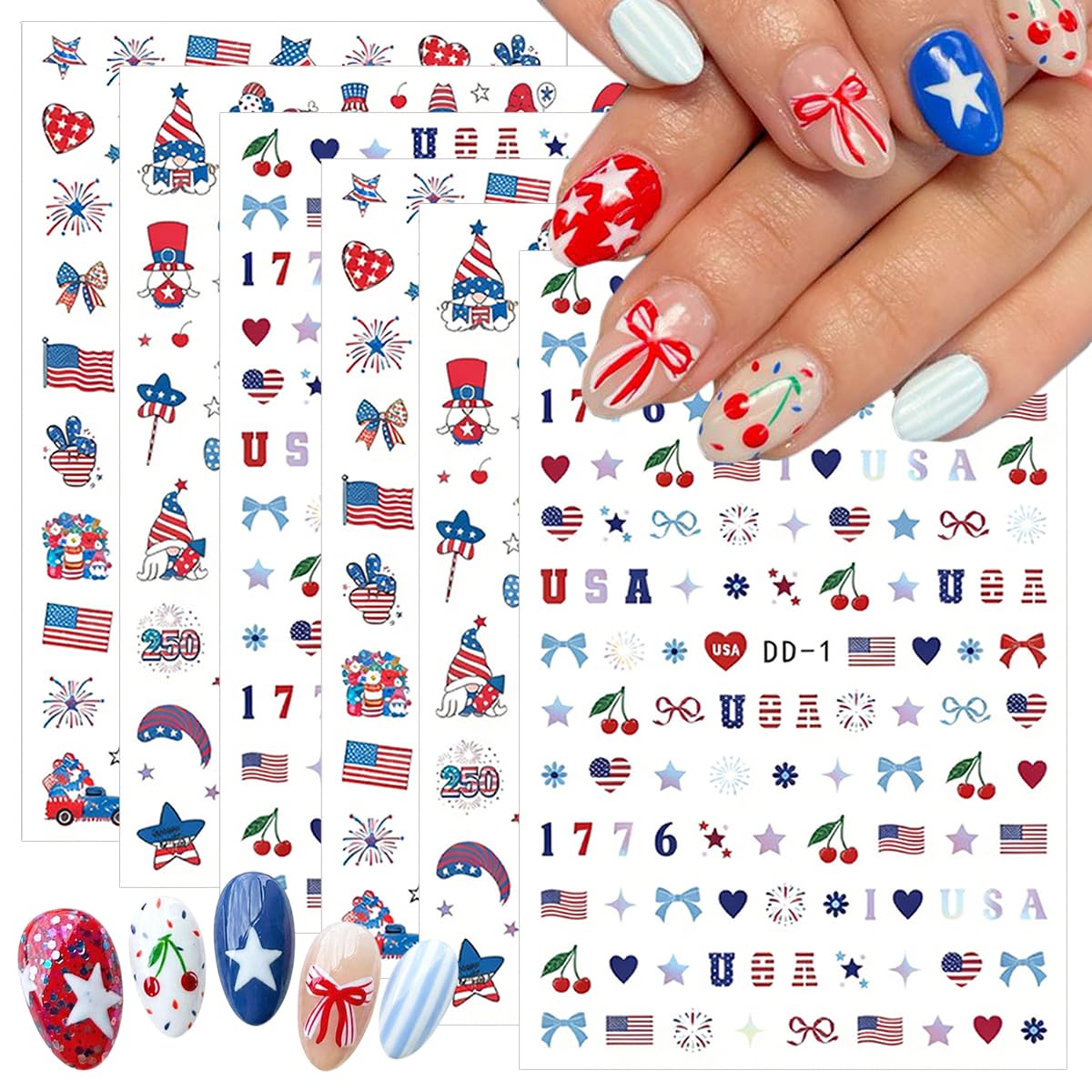 6 Sheets 4th of July Nail Stickers 250th Anniversary Patriotic Nail Decals Self-Adhesive American Flag Firework Gnome Nail Design Independence Day Stickers for Women DIY Manicure Decor