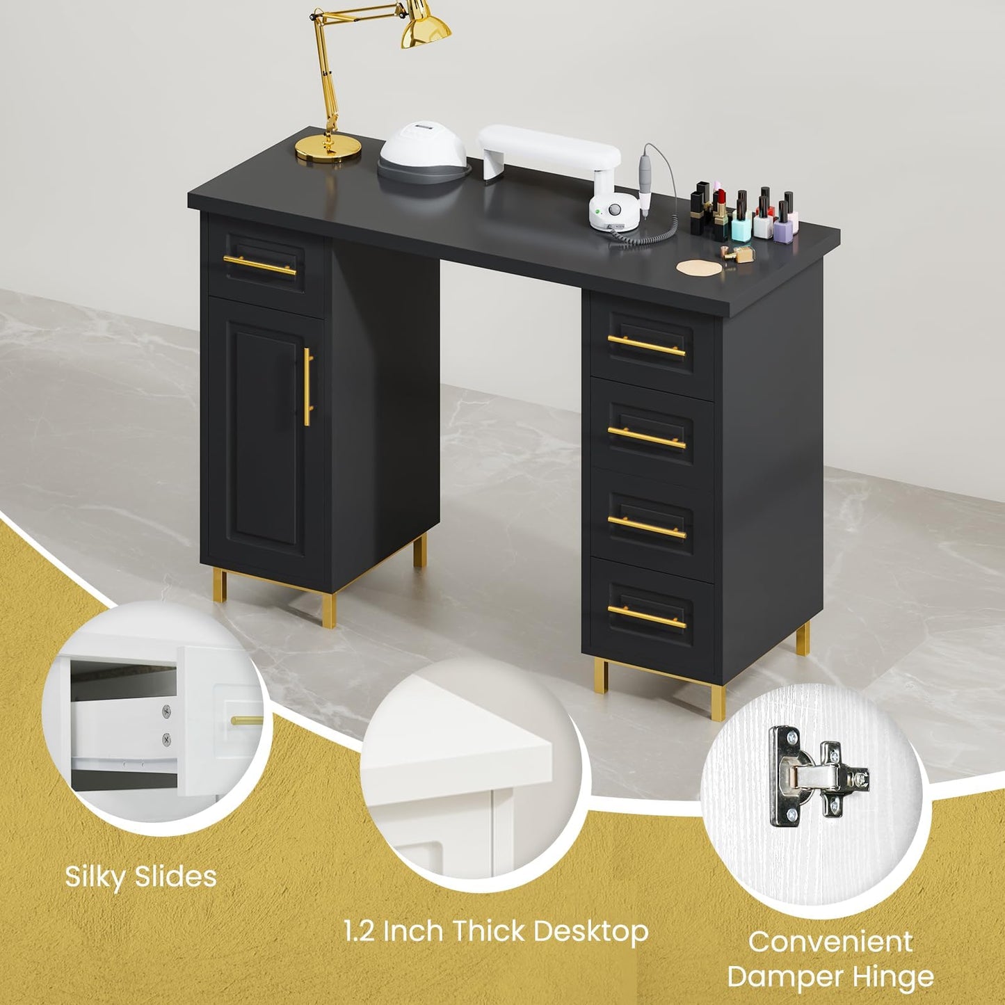 MaverickFurni Black and Gold Nail Tech Desk with Drawers, 43 Inch Manicure Table with Storage for Nail Tech, Nail Makeup Beauty Salon Table with 5 Drawers and Cabinet, Wooden Salon Spa Desk