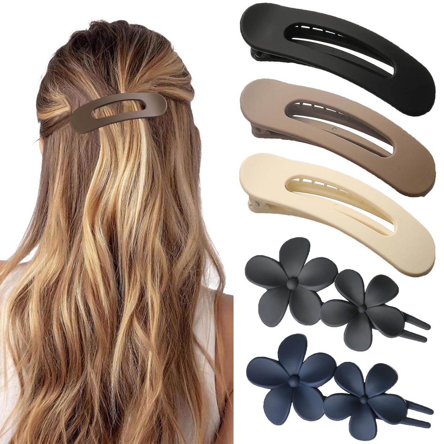 Flat Hair Clips - 5 Pcs Medium Lay Flat Claw Clips for Women | Strong Hold Non-Slip Matte Hair Claws for Thick & Thin Hair