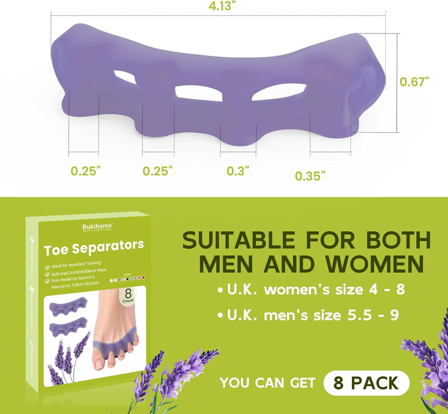 Silicone Toe Separators for Bunion Correction - 4 Pairs of Toe Spacers for Men & Women | Hammer Toe Straighteners, Lavender