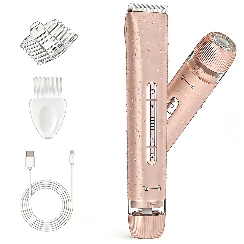 Bikini Trimmer for Women, Painless Dual Head Shaver for Sensitive Skin, IPX7 Waterproof for Safe Shower, USB-C, Detachable Head, Portable 2 in 1 Electric Razors for Pubic Hair, Rose Gold