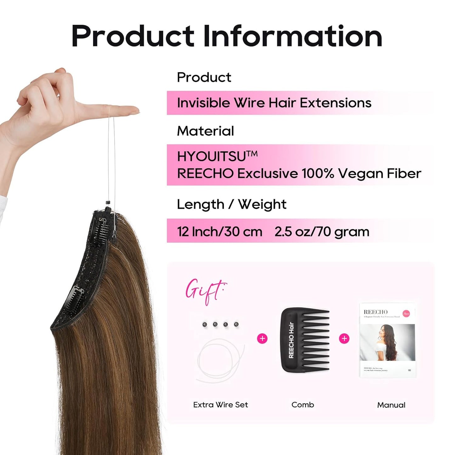 REECHO 12" Invisible Wire Hair Extensions - Thinner Lace Weft, Adjustable Clips | Chocolate Brown with Highlights