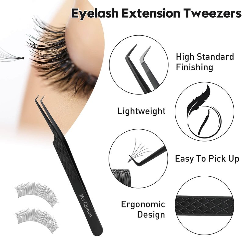 Ms.Queen Fiber Tip Tweezers for Lash Extensions, Precision 90 Degree Eyelash Tweezers for Volume & Classic Lashes,Black