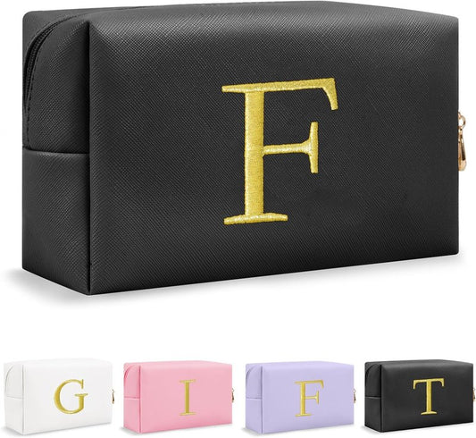 Personalized Initial Makeup Bag - Gold Embroidered Cosmetic Bag for Teens | Custom Travel Toiletry Bag (Black)