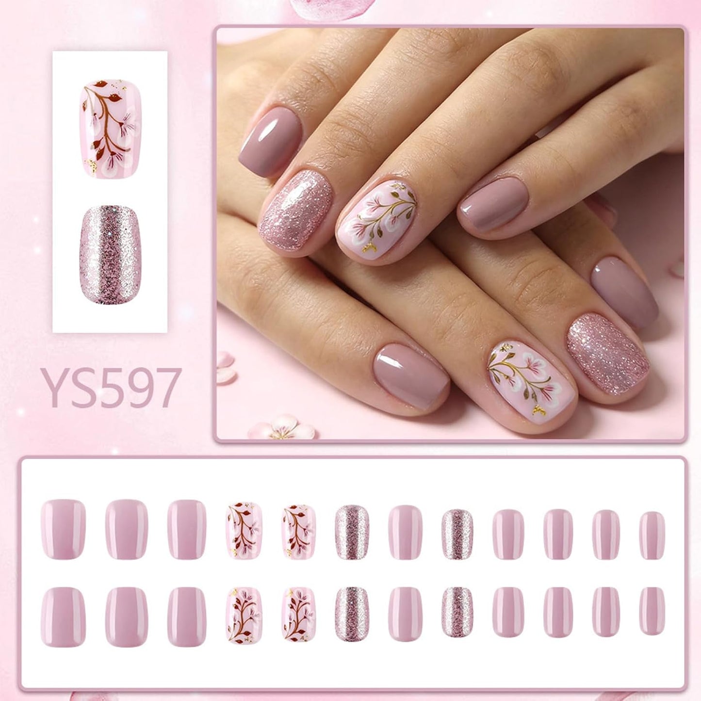 Acrylic Press-On Nails - Cute Purple Flower Bud Design | 24 Pcs Glossy Full Cover Artificial Nails for Women