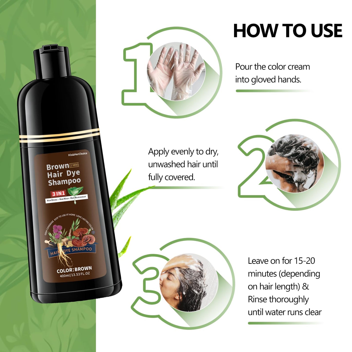 HIS&HERCHOICE Brown Hair Dye Shampoo, 3-in-1 Hair Color for Gray Coverage, Ammonia and Paraben Free with 6 Natural Herbal Ingredients, Semi-Permanent Color Shampoo for Women and Men