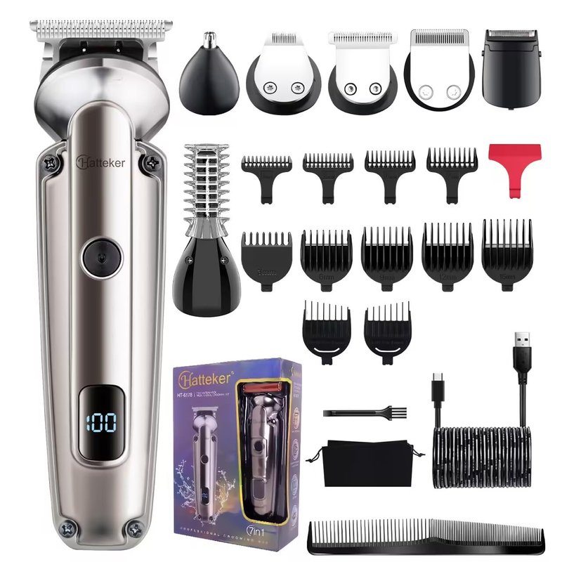 Hatteker Beard Trimmer for Men, Waterproof Hair Trimmer Electric Razor, Cordless Hair Clippers Shavers for Men, Shaving Kit for Nose Mustache Body Facial, Beard Grooming Kit 7 in 1