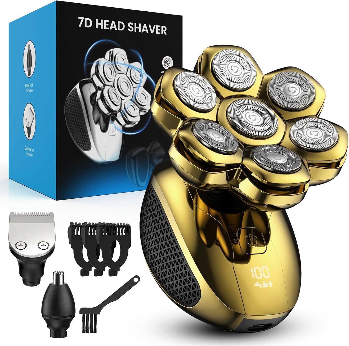 7D Floating Head Shaver for Bald Men - IPX7 Waterproof Electric Razor with Flexible Heads & LED Display