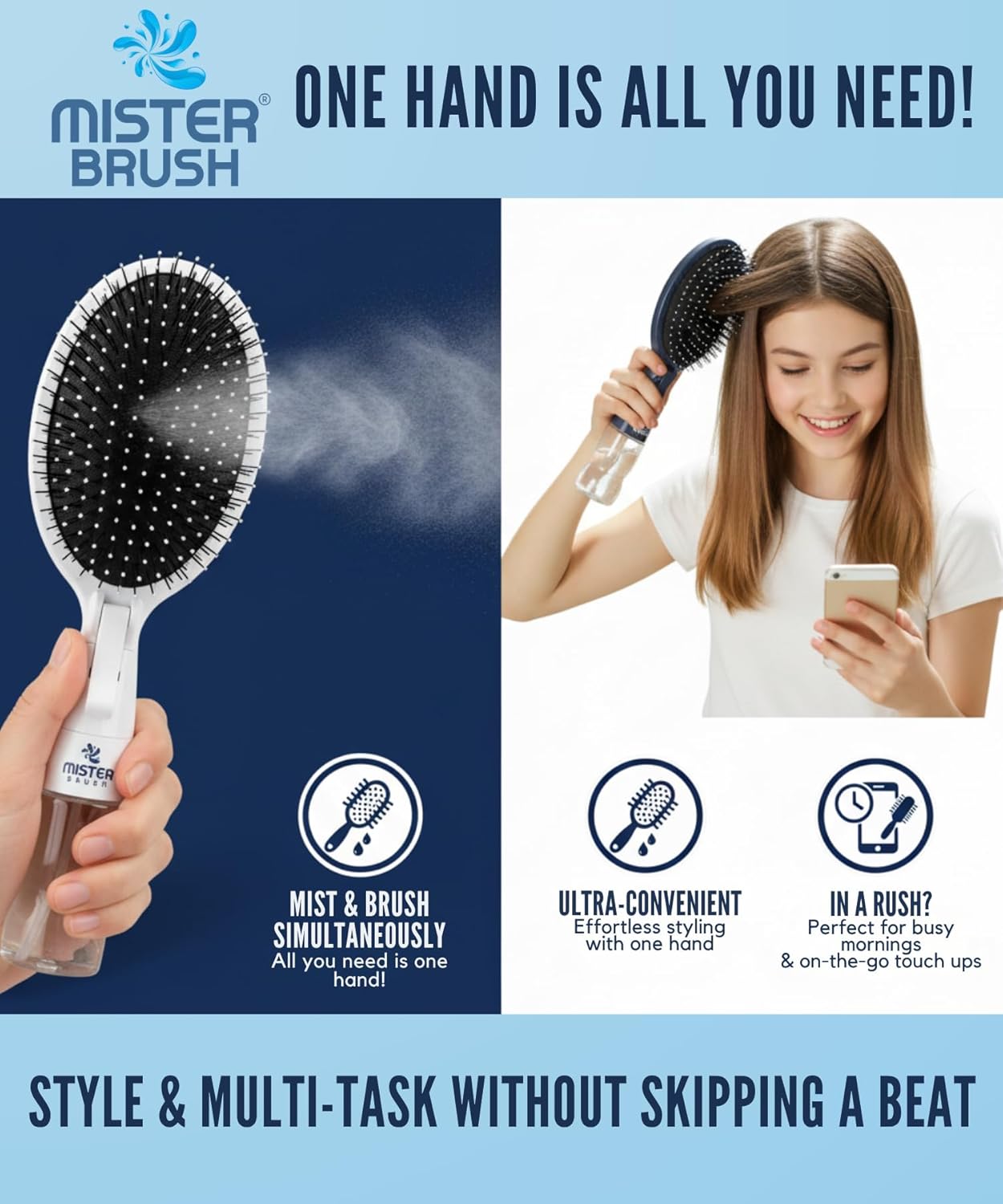 Mister Brush 2-in-1 Hairbrush with Water Reservoir - Innovative Mist & Brushing Tool for Wet & Dry Hair | No-Tangle Bristles, Easy to Use (Pink)