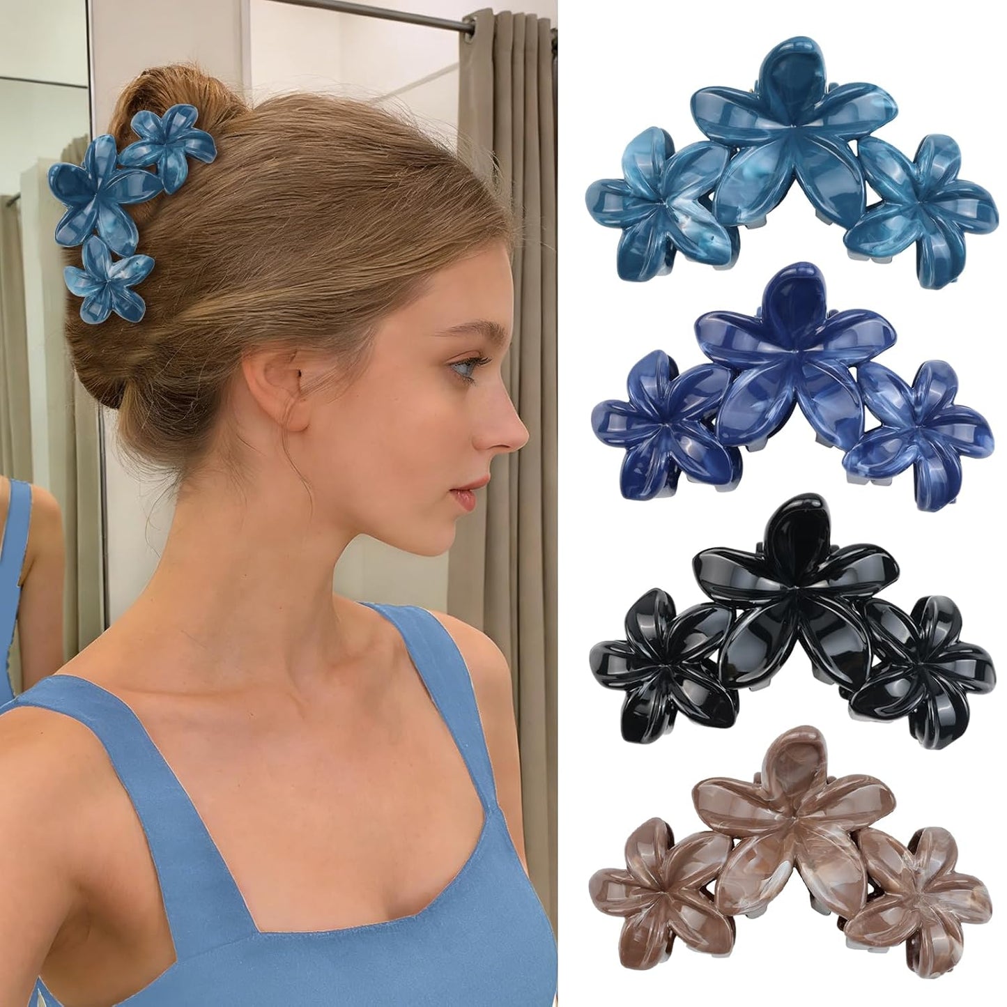 Cute Hawaiian Flower Claw Hair Clips - 4Pcs Large Clips for Thick or Thin Hair | Pink & Red Beach Accessories