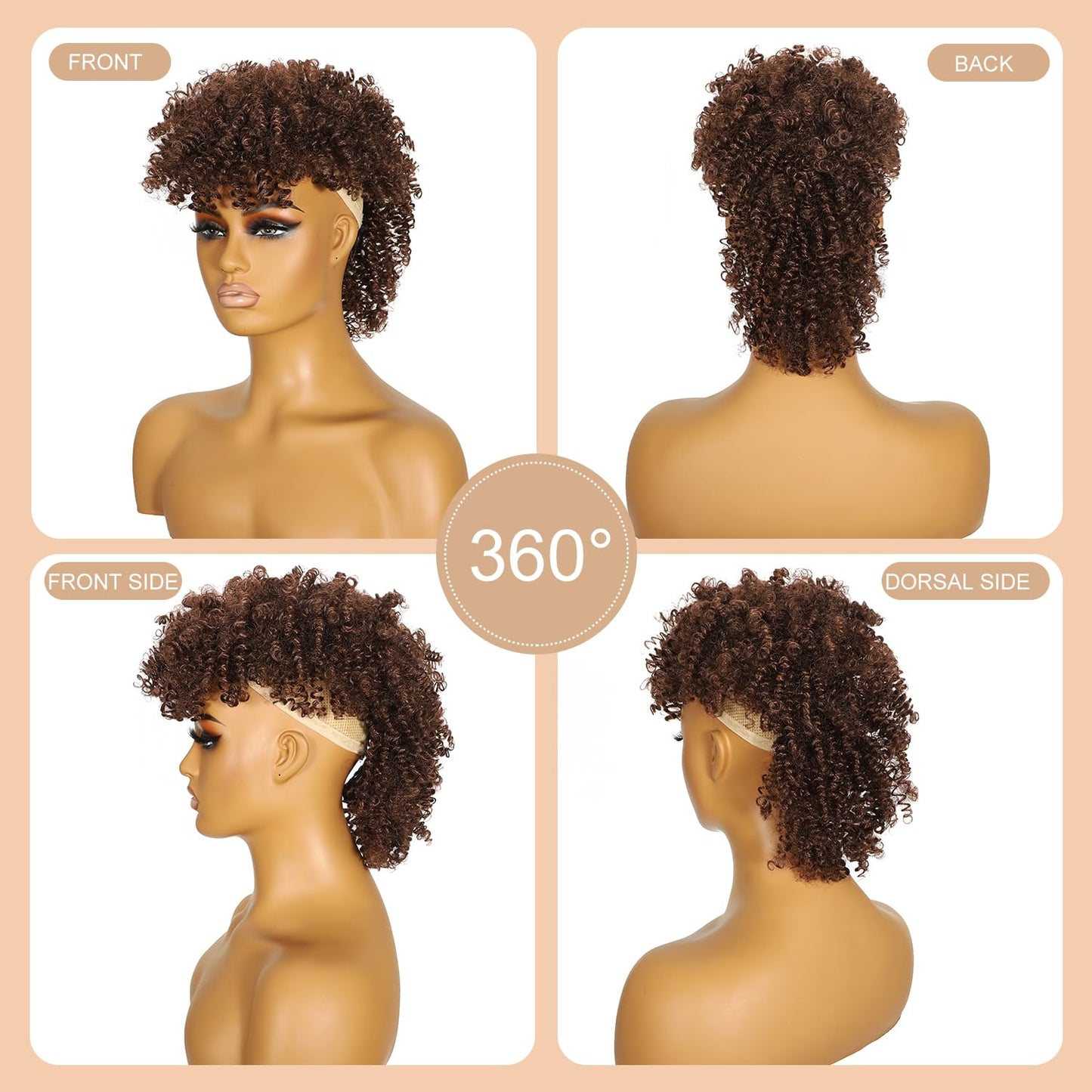 Mohawk Wig Kinky Curly Dark Brown Ponytail Extension with Bangs,Short Curly Synthetic Clip in Mohawk Ponytails with Six Clips and Two Combs Fluffy Natural Hair for Daily and Party Use 33#