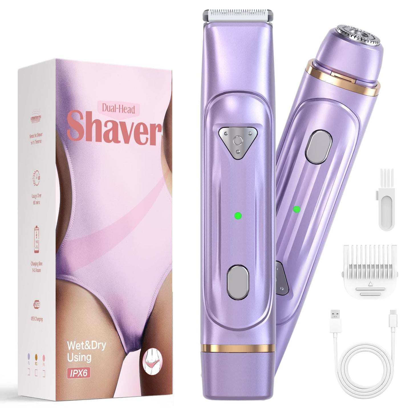 Dermave Bikini Shaver - IPX6 Dual Head Shaver Women for Pubic Hair, Face, Legs, Underarms – Rechargeabl & Portable Cordless Shaver, Self Care Gifts for Women (Purple)