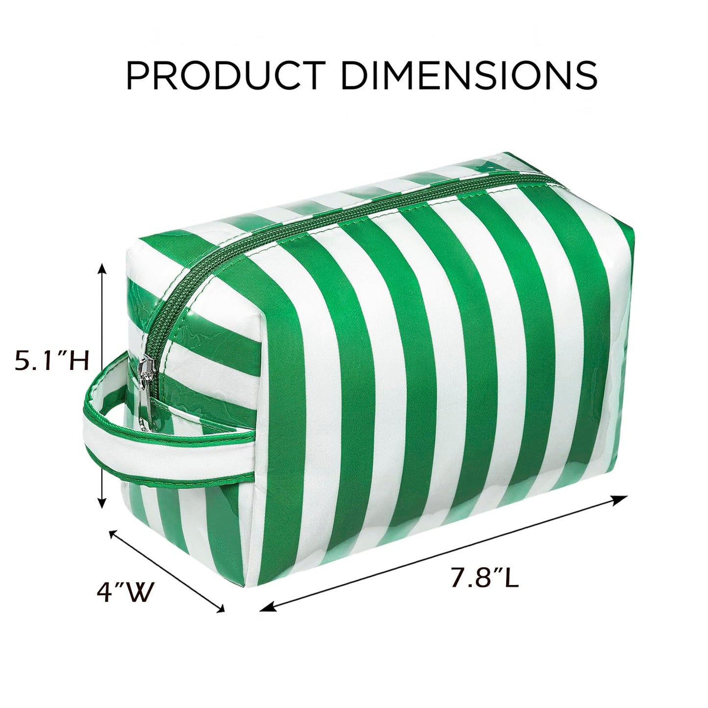 Lestikave PVC Striped Makeup Bag,Easy to Clean,Waterproof Clear Coated Cosmetic Bag,Cute Travel Organizer Zipper Pouch for Beach Vacation Essentials(09Green White)