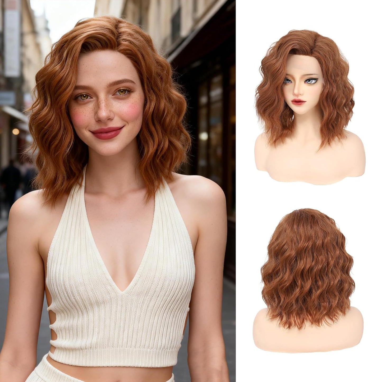 Wavy Bob Wig for Women - Short Brown Highlight Synthetic Hair | 14 Inch Lace Front for Daily Wear & Cosplay