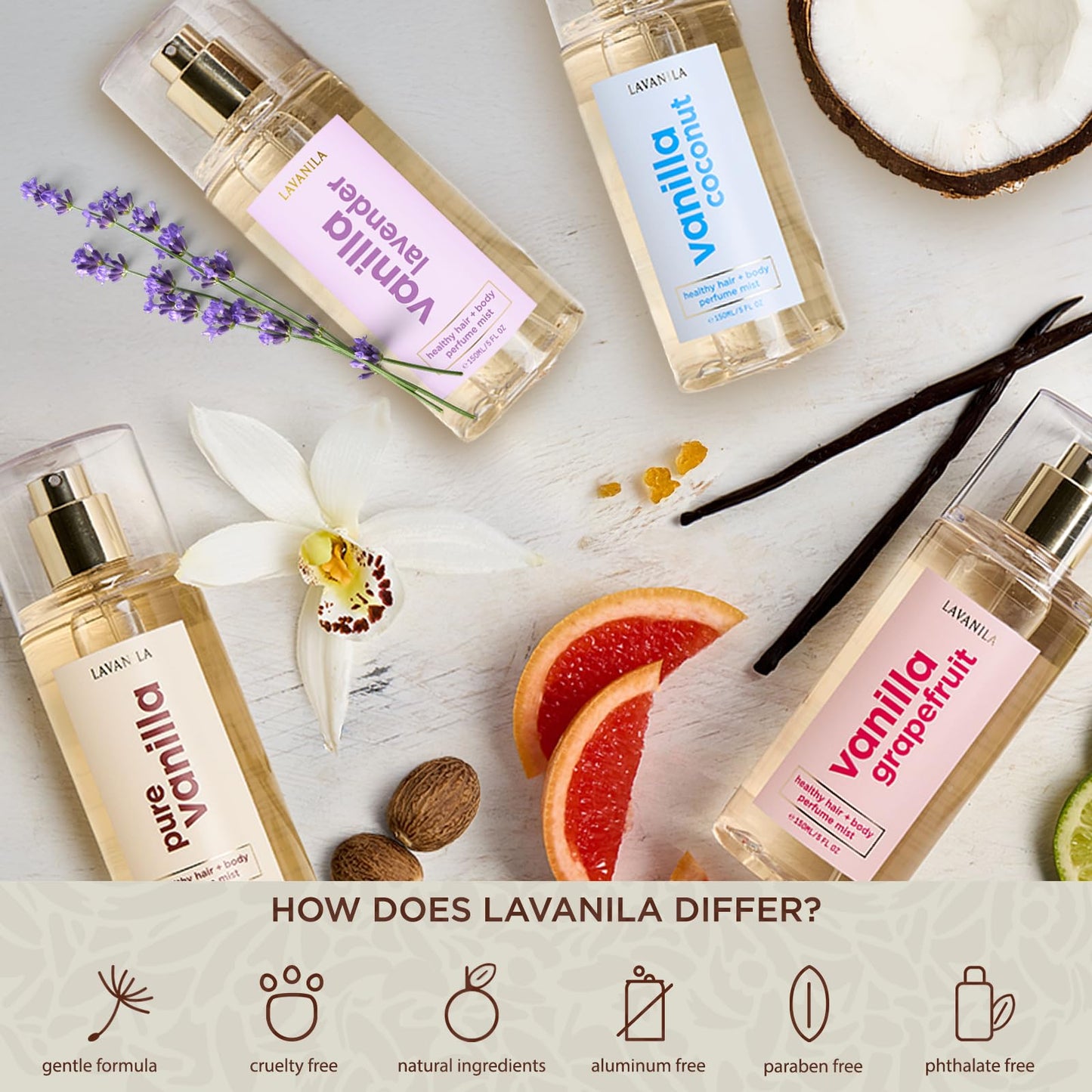 Lavanila Pure Vanilla Healthy Hair + Body Perfume Mist, 5 Fl Oz - Sweet & Warm Fragrance Spray Formulated with Jojoba Oil, Madagascar Vanilla, Tonka Bean, Heliotrope