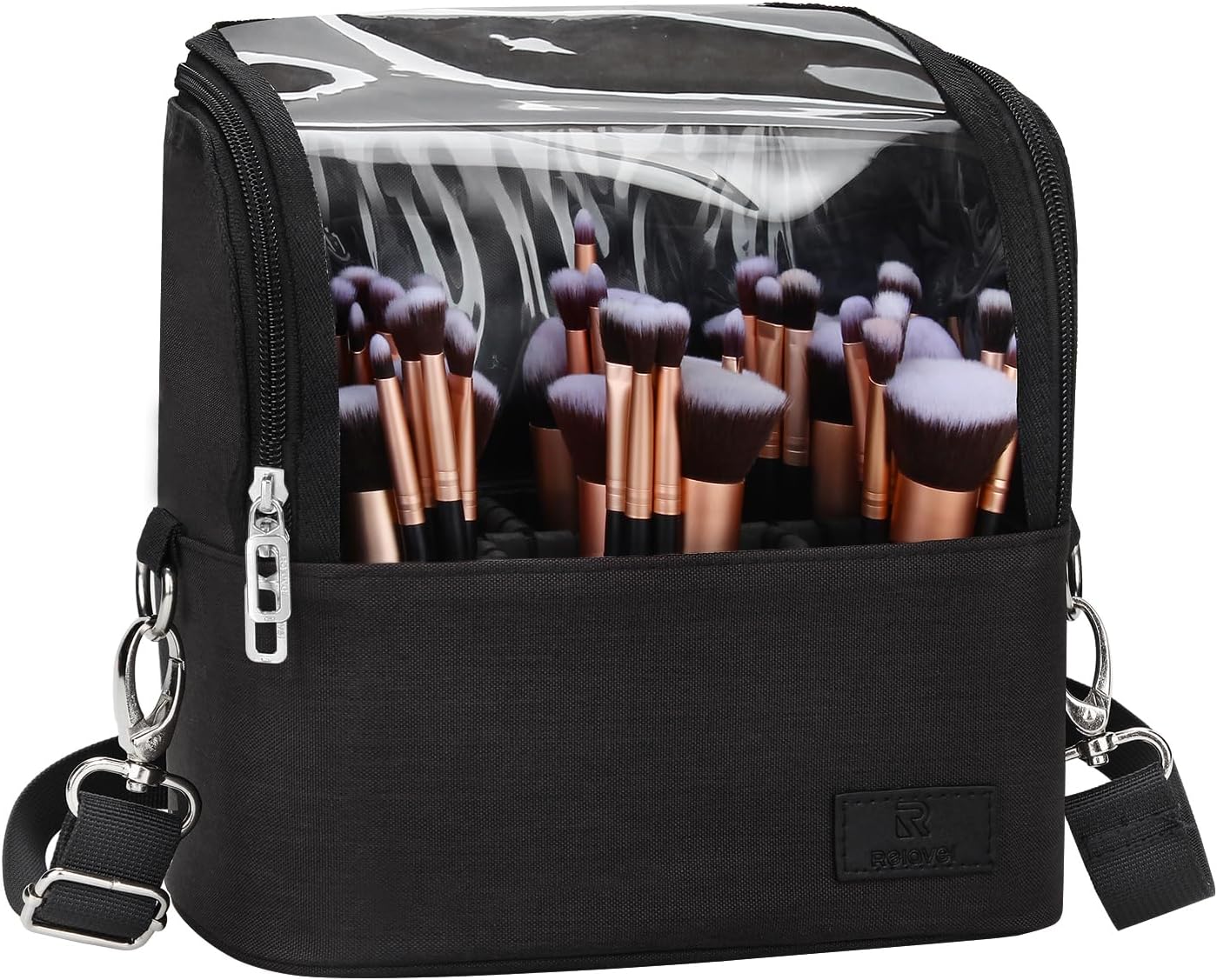 Makeup Brush Organizer - Large Travel Makeup Brush Holder with Adjustable Divider | Professional Cosmetic Storage Bag - Black