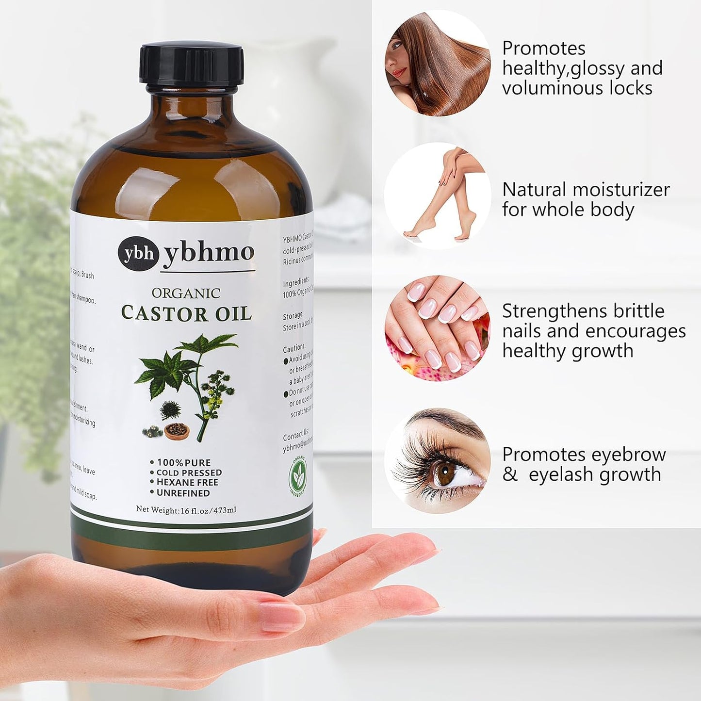Cold Pressed Castor Oil - 100% Pure & Hexane Free for Hair Growth | 16 Fl Oz Organic Glass Bottle
