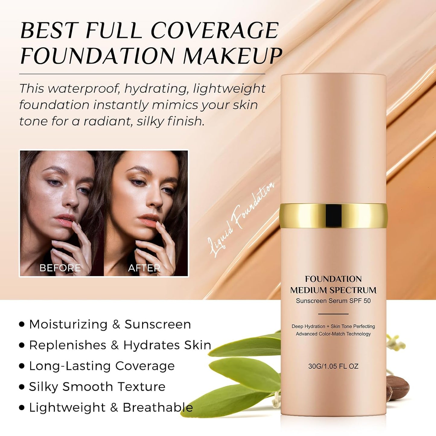 Foundation 4 in 1 Medium Spectrum - Hydrating Color Changing Formula with SPF 50 | 1.05 Fl Oz
