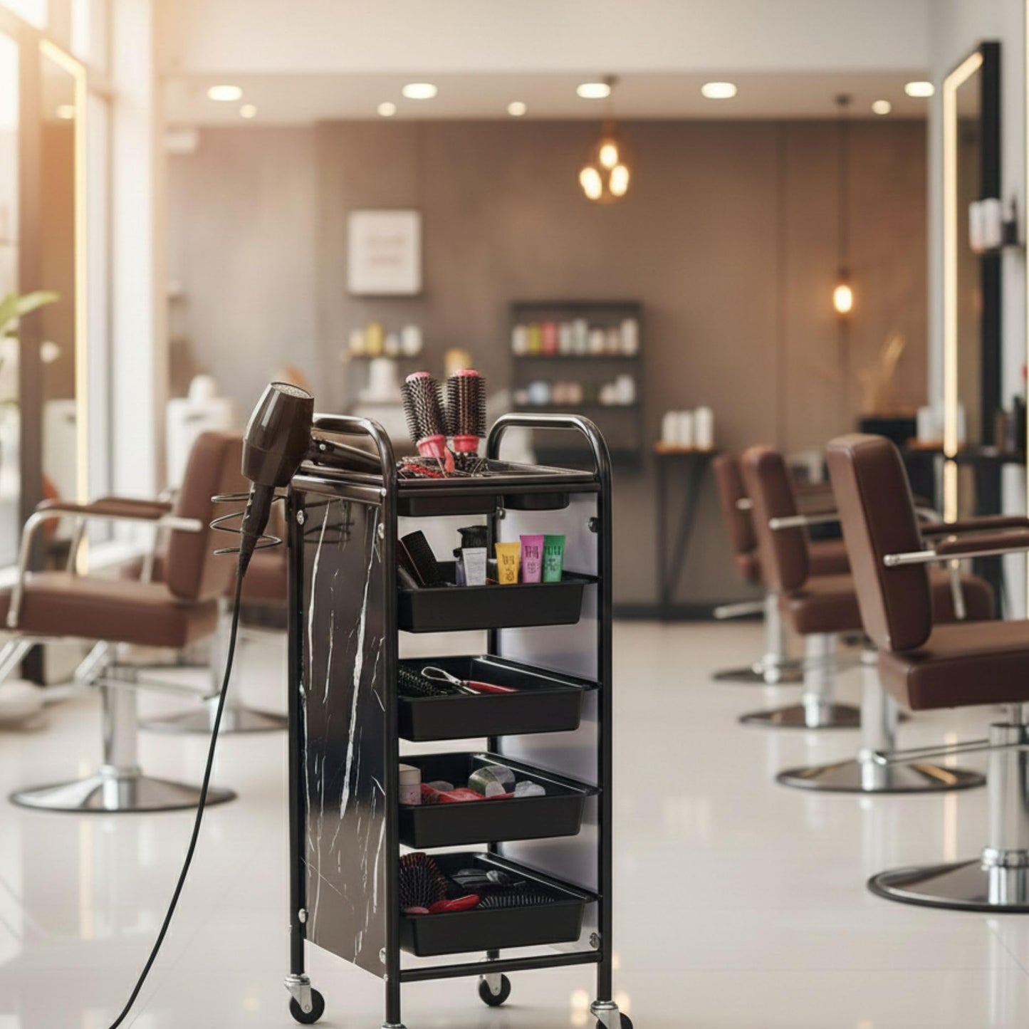 Salon Trolley Cart with 5 Layers – Durable Black Metal Salon Cart with Smooth Wheels, Spacious Storage Trays, and Stable Design – Perfect for Barbers, Stylists & Beauty Salons