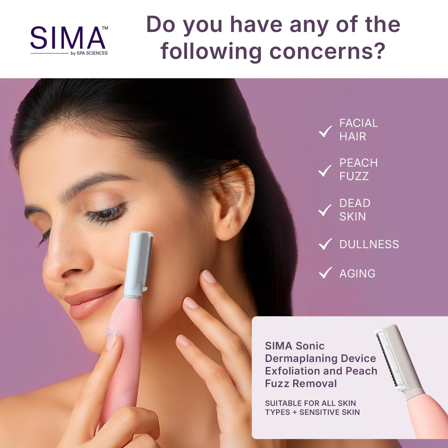 SIMA Dermaplane Razor for Women | Painless 2-in-1 Facial Exfoliation & Hair Removal - Rechargeable, 3 Speeds