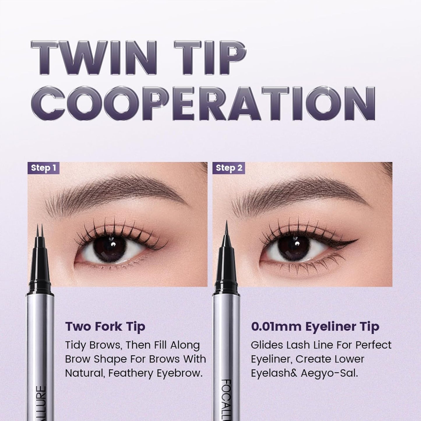 FOCALLURE 2-in-1 Dual-Ended Brow Pencil & Eyeliner - Waterproof Microblading Pen for Natural Hair-Like Strokes | Brown