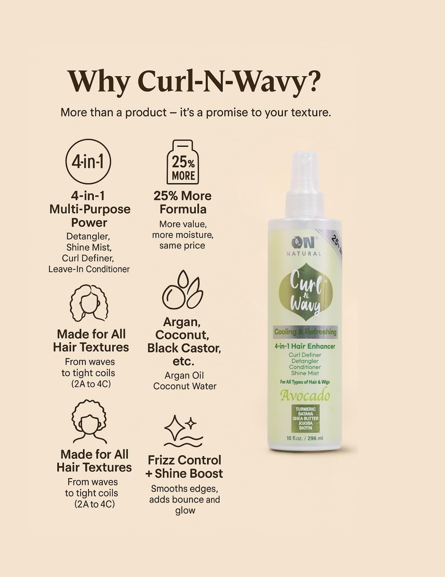 On Natural Curl-N-Wavy 4-in-1 Hair Enhancer For All Hair Texture [Jamaican Black Castor] 10 OZ