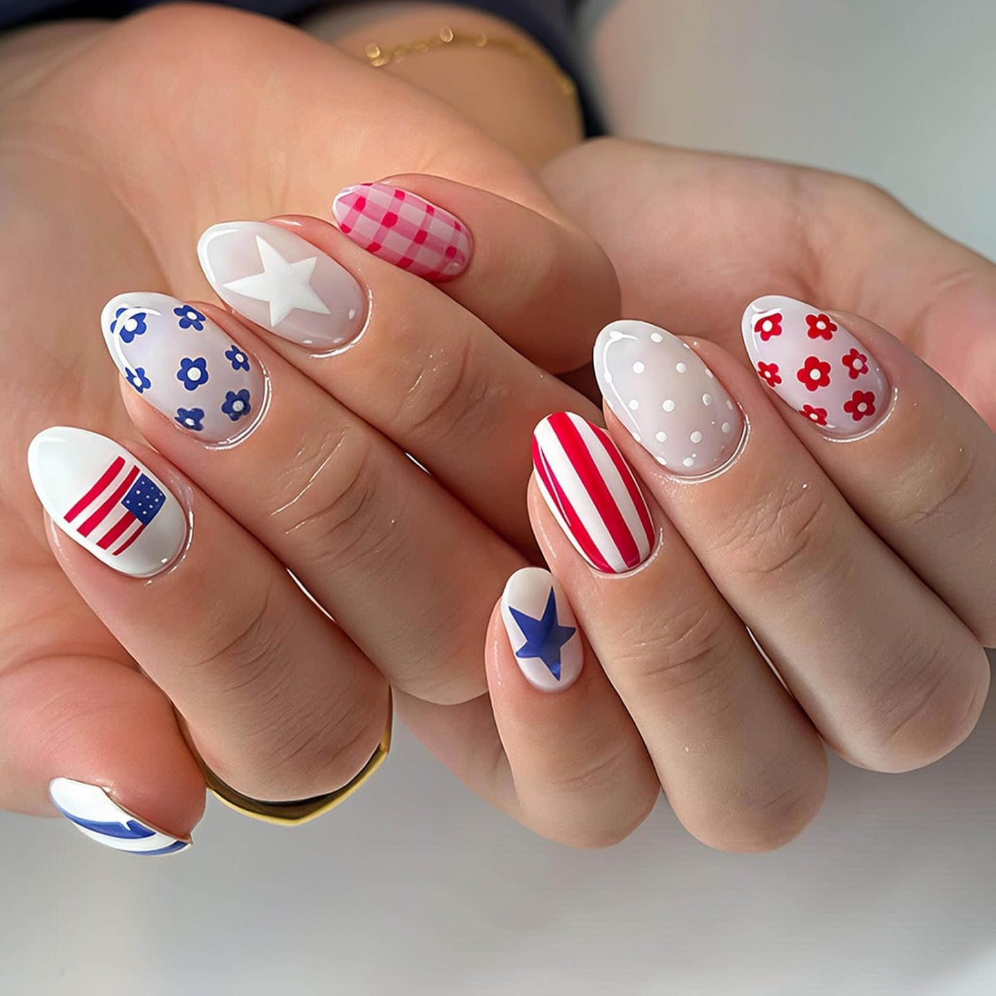 Press On Nails - Medium Square American Flag Glitter Design | 24Pcs Red, Blue & Gold 4th of July Fake Nails