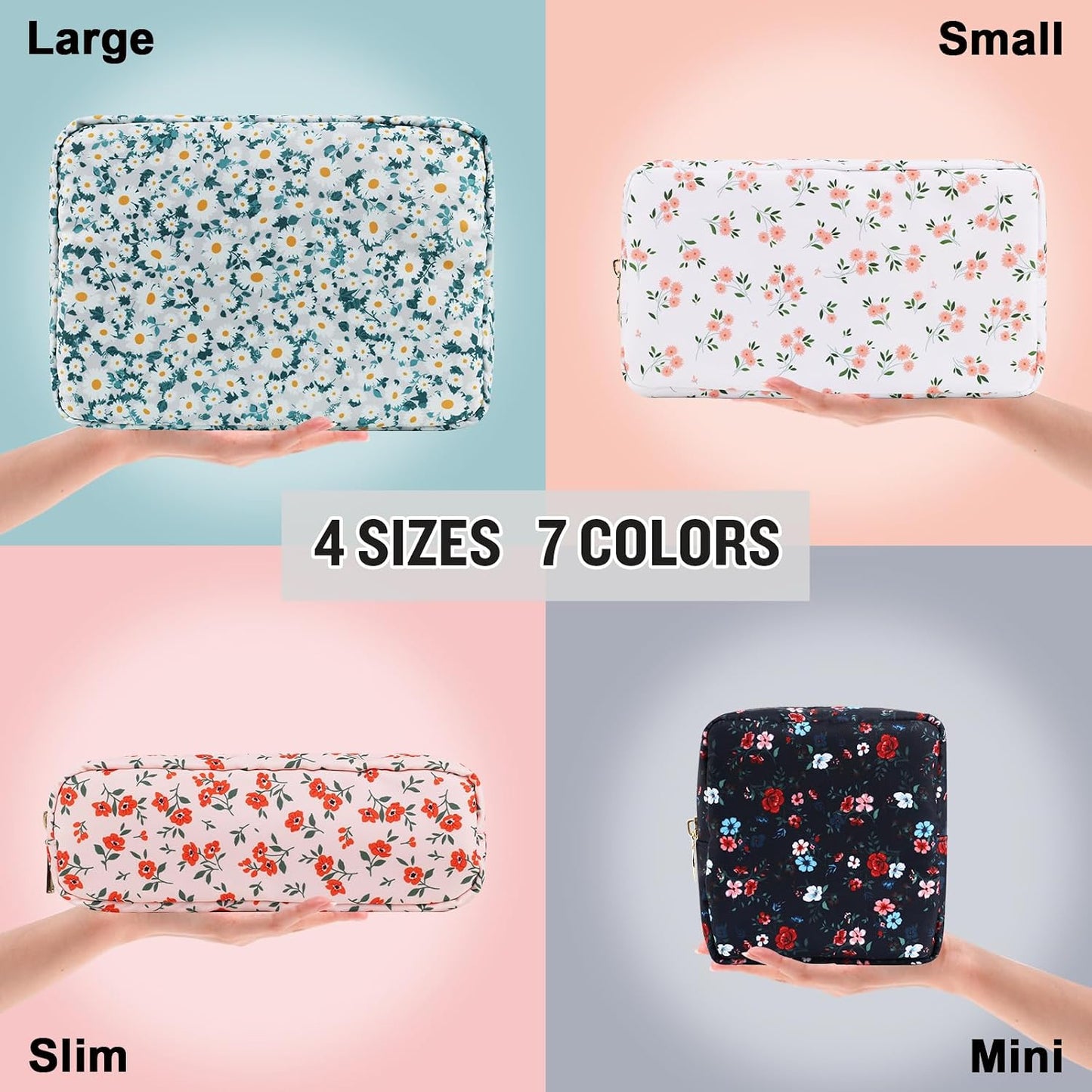 Floral Makeup Bag - Nylon Travel Cosmetic Organizer | Waterproof Zipper Pouch for Women (Green-Daisy)