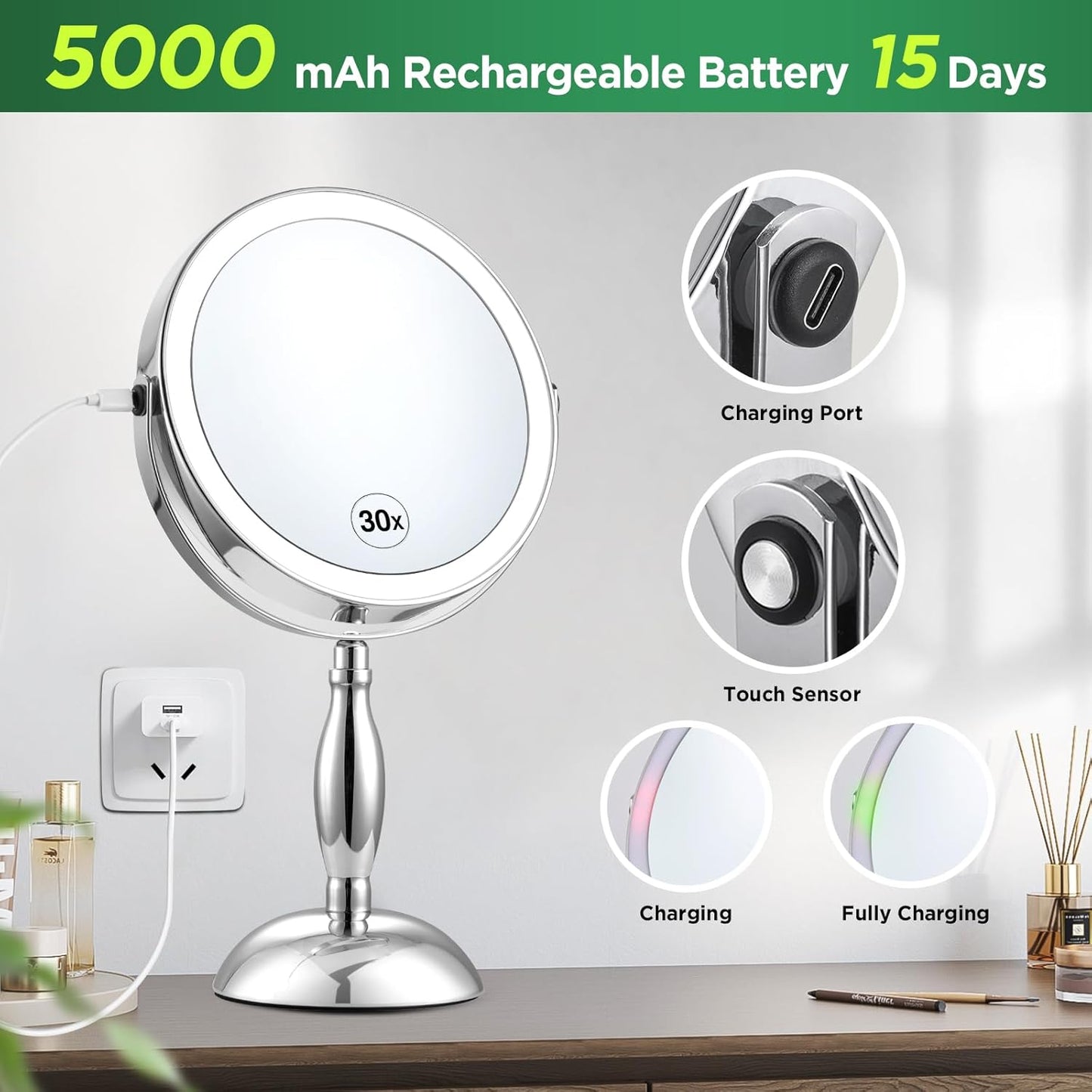 Lighted 30x Magnifying Makeup Mirror - Adjustable Brightness, 3 Color Modes | 5000mAh Rechargeable, 360° Rotation