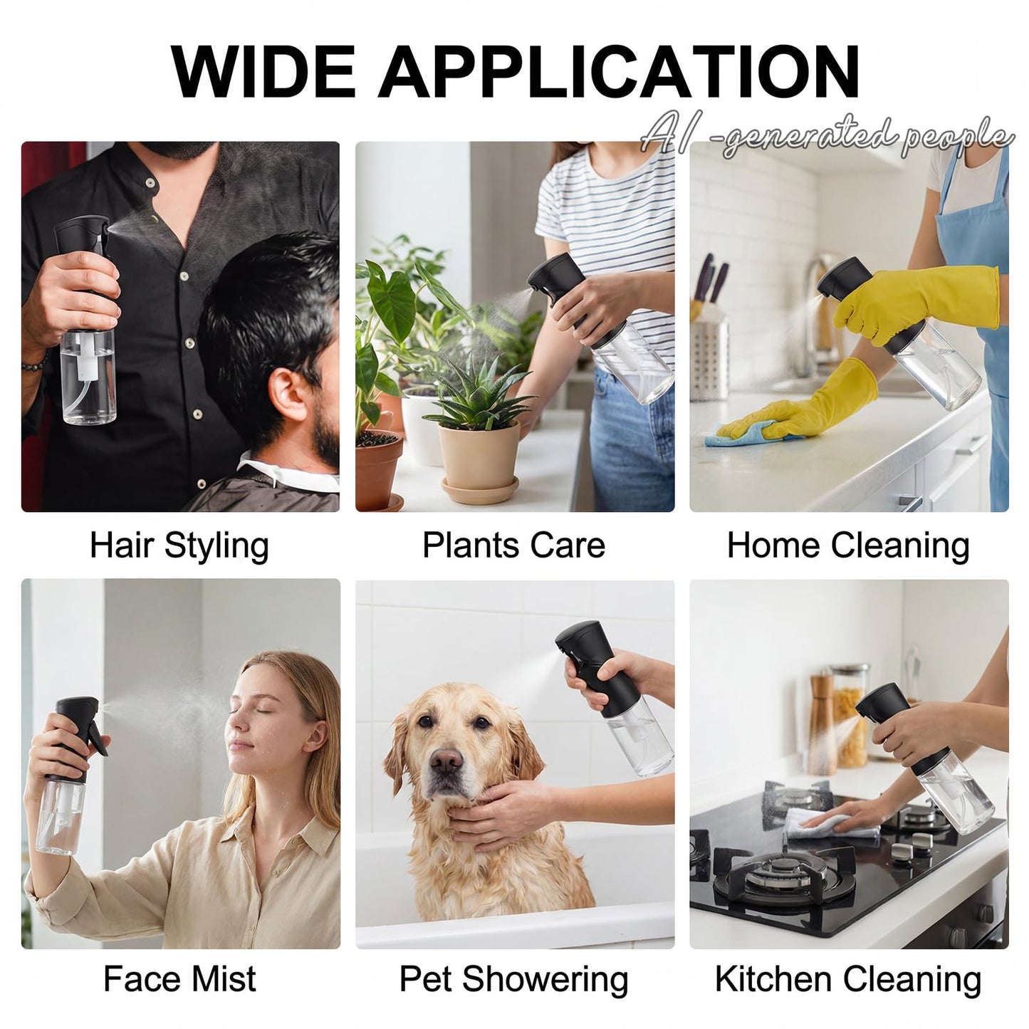 iwreaiy 1 Pack 8.5oz Continuous Spray Bottle for Hair Styling & Plants - Fine Mist Sprayer Refillable Empty Water Dispenser for Cleaning, Ironing, Watercolor & Pet Care - Black