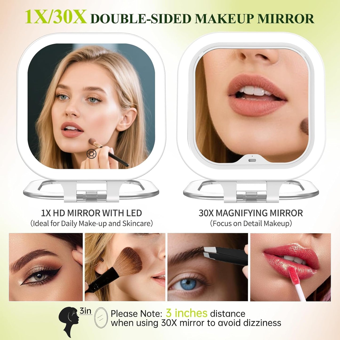 FUNTCH 7" Travel Makeup Mirror - 30X Magnification, Rechargeable Double-Sided Lighted Vanity Mirror with 3 Color Lights & Adjustable Brightness | 300° Rotation, Perfect Gift for Women, White