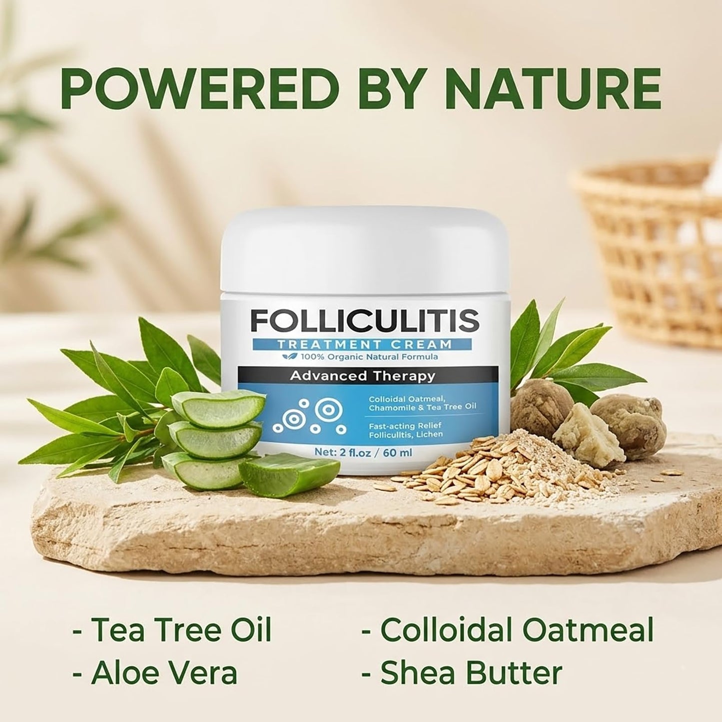 Folliculitis Treatment Cream, for Body Scalp and Face, Natural Soothing Cream for Itching Redness and Bumps, Refreshing Hair Follicle Care with Tea Tree Oil, Non-Greasy Fast Absorbing, 60 ML