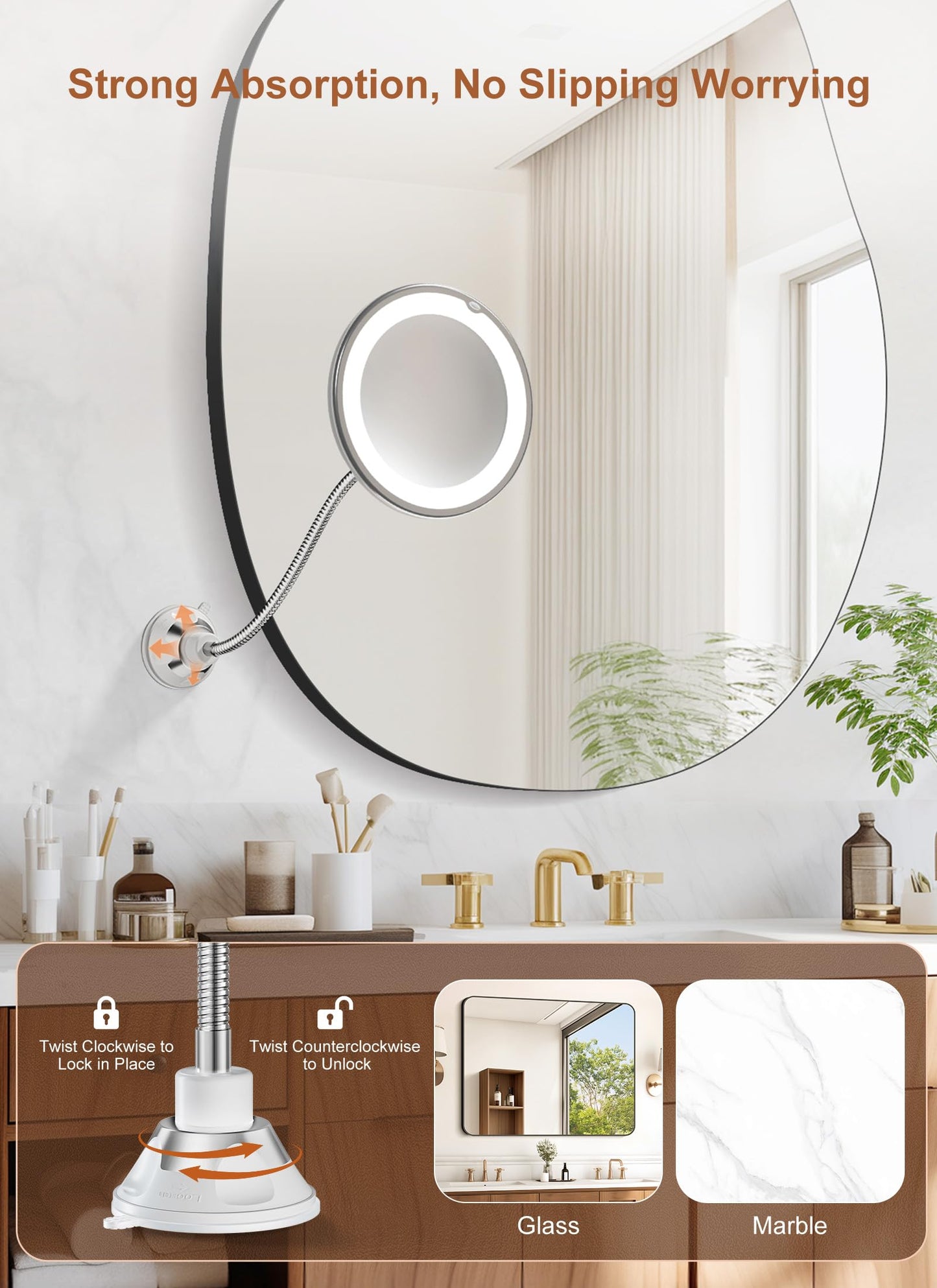 Brightown 10x Magnifying Mirror with Light, Flexible Gooseneck Make up Mirror with Lights and Magnification, Battery Operated Cordless with Suction Cups for Wall Bathroom Silver 1 Lighting