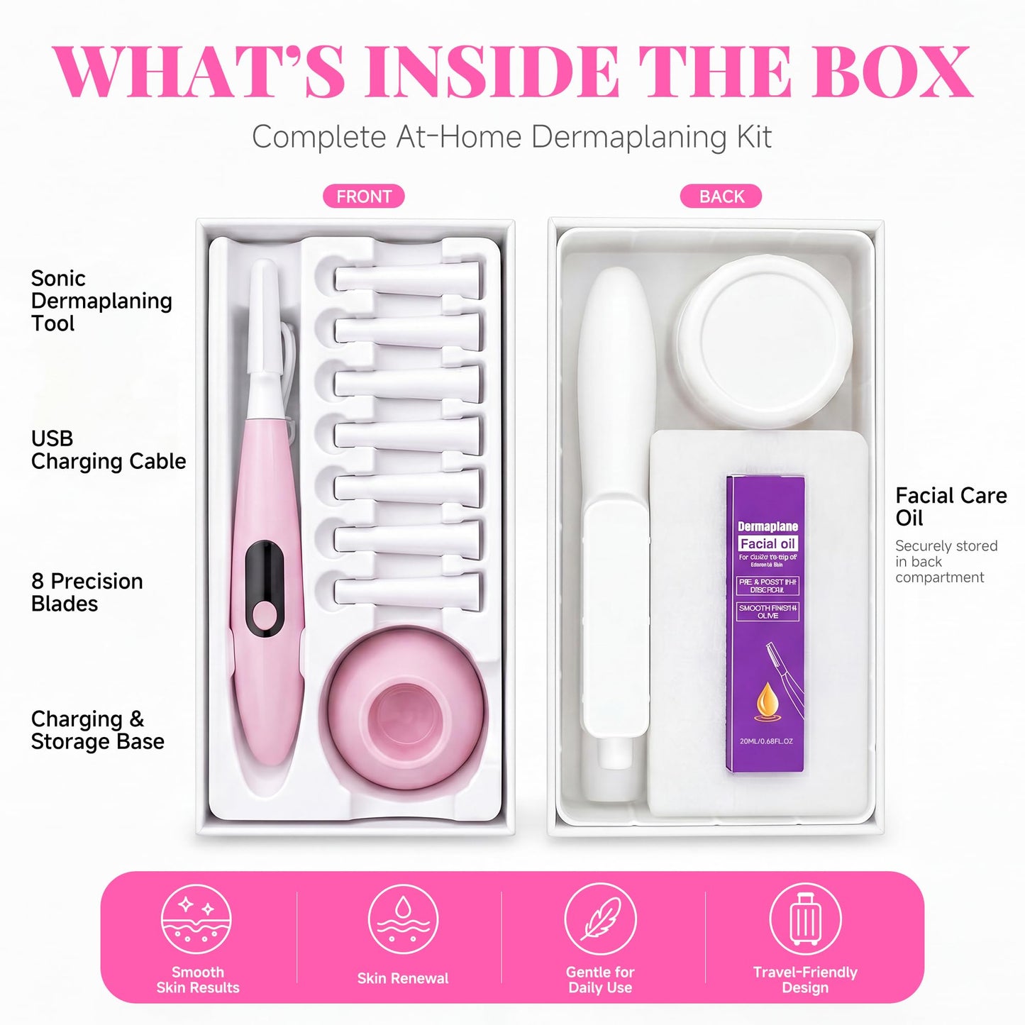 Sonic Dermaplane Razor for Women Face, Gentle Peach Fuzz Removal & Exfoliation with 3 Speeds, Rechargeable Dermaplaning Tool with 8 Blades & Facial Oil