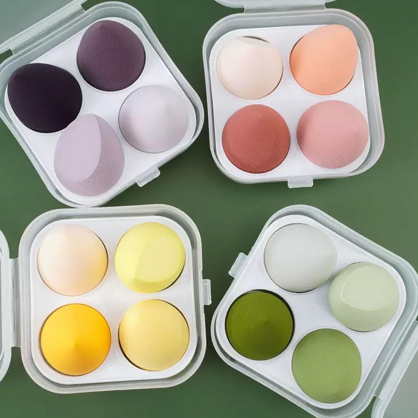 4PCS Makeup Sponge Set with Storage Box, Beauty Blender Sponges for Liquid Cream and Powder, Dry and Wet Use Foundation Blending Applicators for Flawless Makeup Application Green
