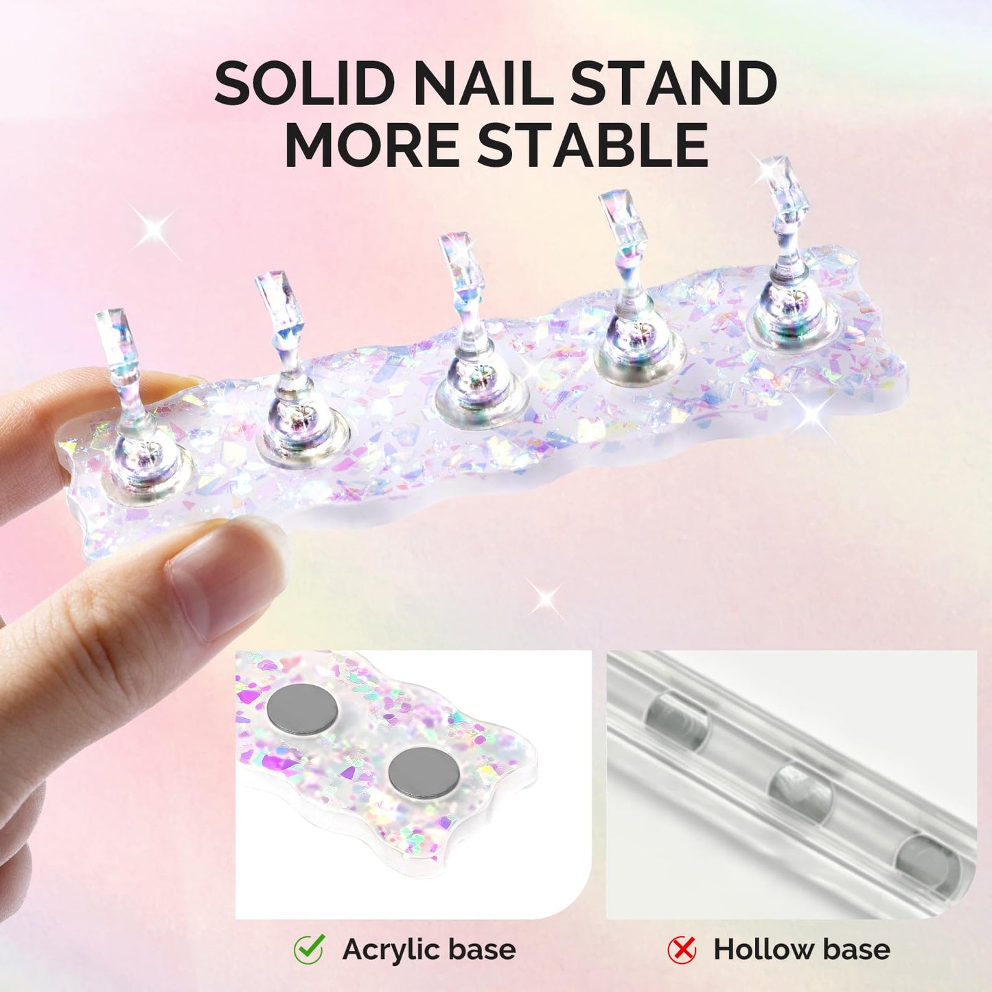 MelodySusie Nail Stand for Press Ons, White Shiny Acrylic Magnetic Base for Painting Display with Brush Holder and 100 Pcs Reusable Double-Sided Tape for Home DIY Salon Supplies