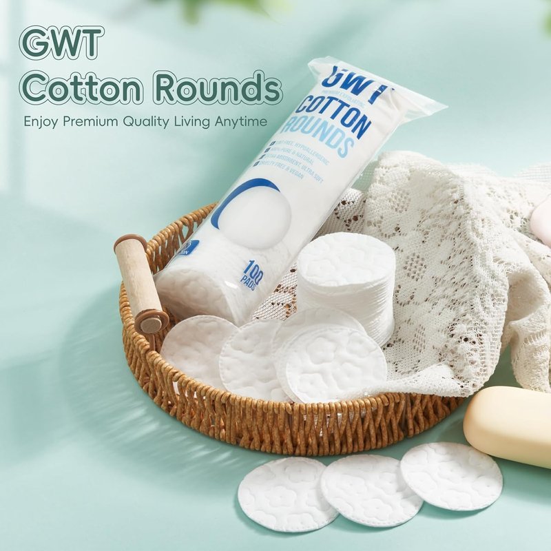 Premium Cotton Rounds - Lint-Free Makeup Remover Pads | Soft, Hypoallergenic, 100% Pure Cotton - 100 Count (Pack of 3)