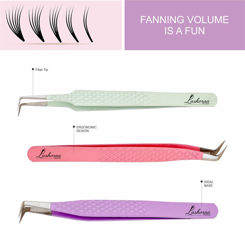 LASHORAA Lash Tweezers Set for Eyelash Extensions - 3 Piece Precision Fiber Tip Diamond Grip, Volume, L-Shape Boot, 90 Degree Tweezers - Includes Leather Case for Classic Lashes & Premade Fans