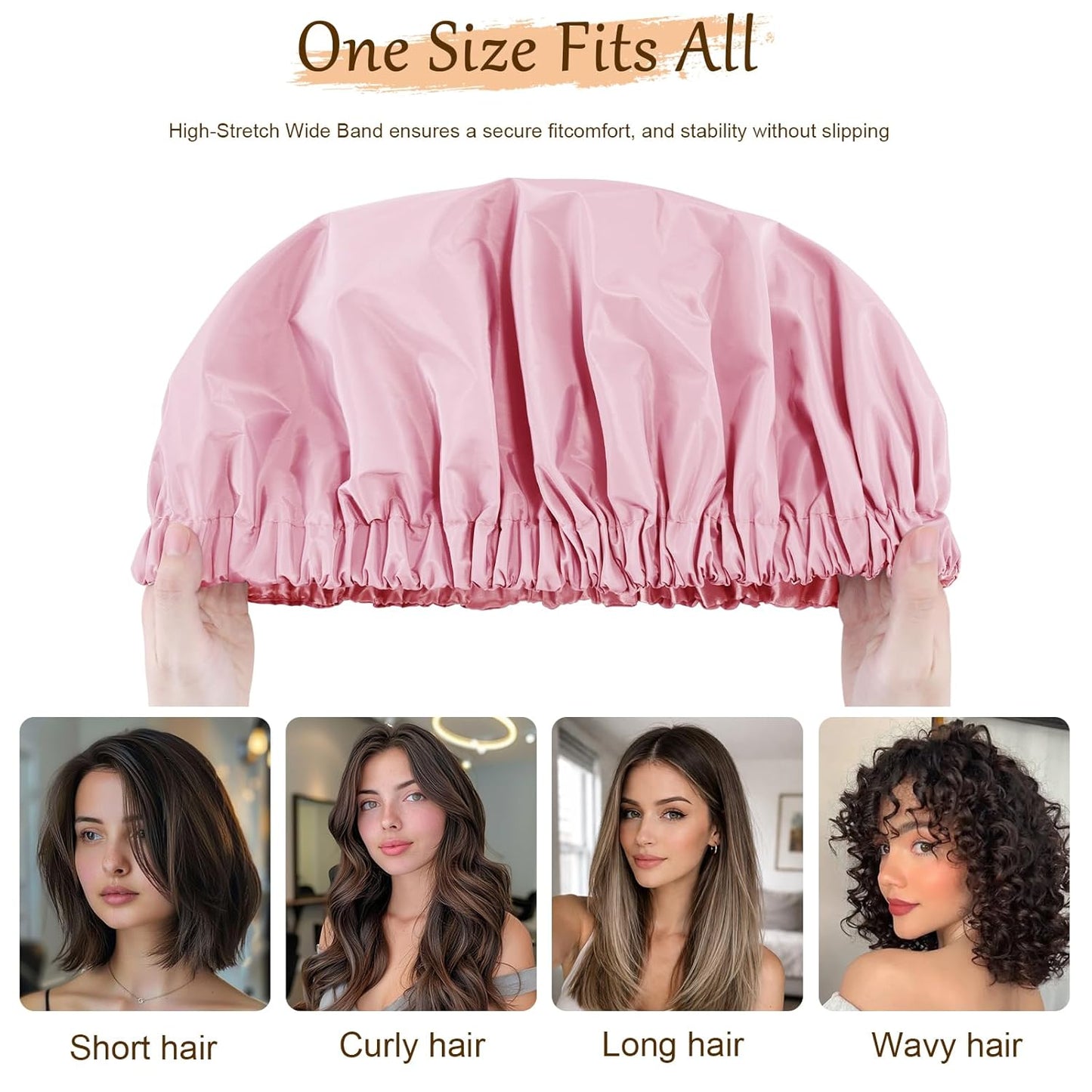 Satin Lined Shower Cap for Women - Reusable Waterproof Hair Protection | Large Washable Pink Cap