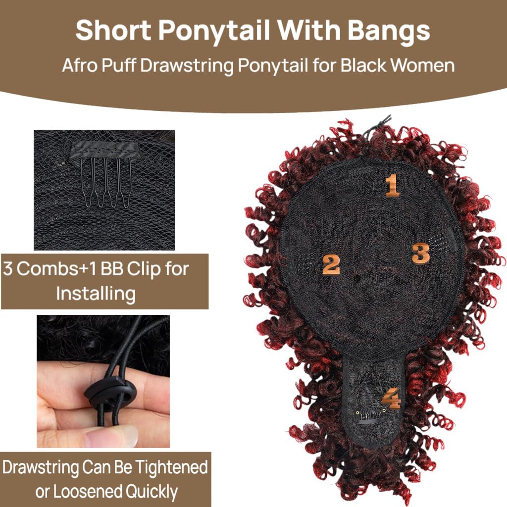 Servintha Afro Puff Drawstring Ponytail with Bangs for Black Women Kinky Curly Ponytail Extension Natural Black Short Pony Tail Hair Extension Synthetic Fake Hair Pieces 1B Color