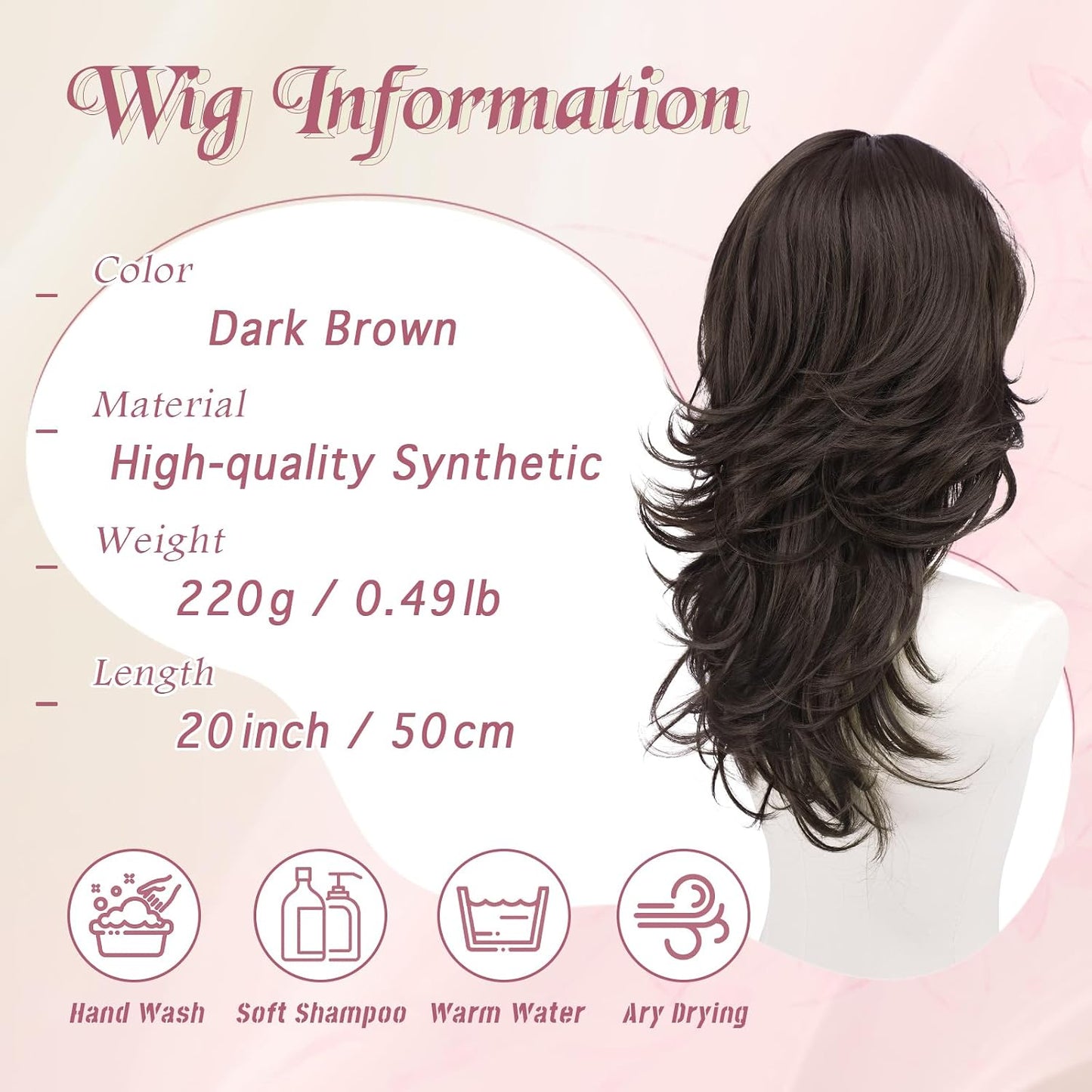 Brown Layered Wigs with Curtain Bangs - 20 Inch Long Wavy Synthetic Hair Wig for Women | Natural Looking Middle Part