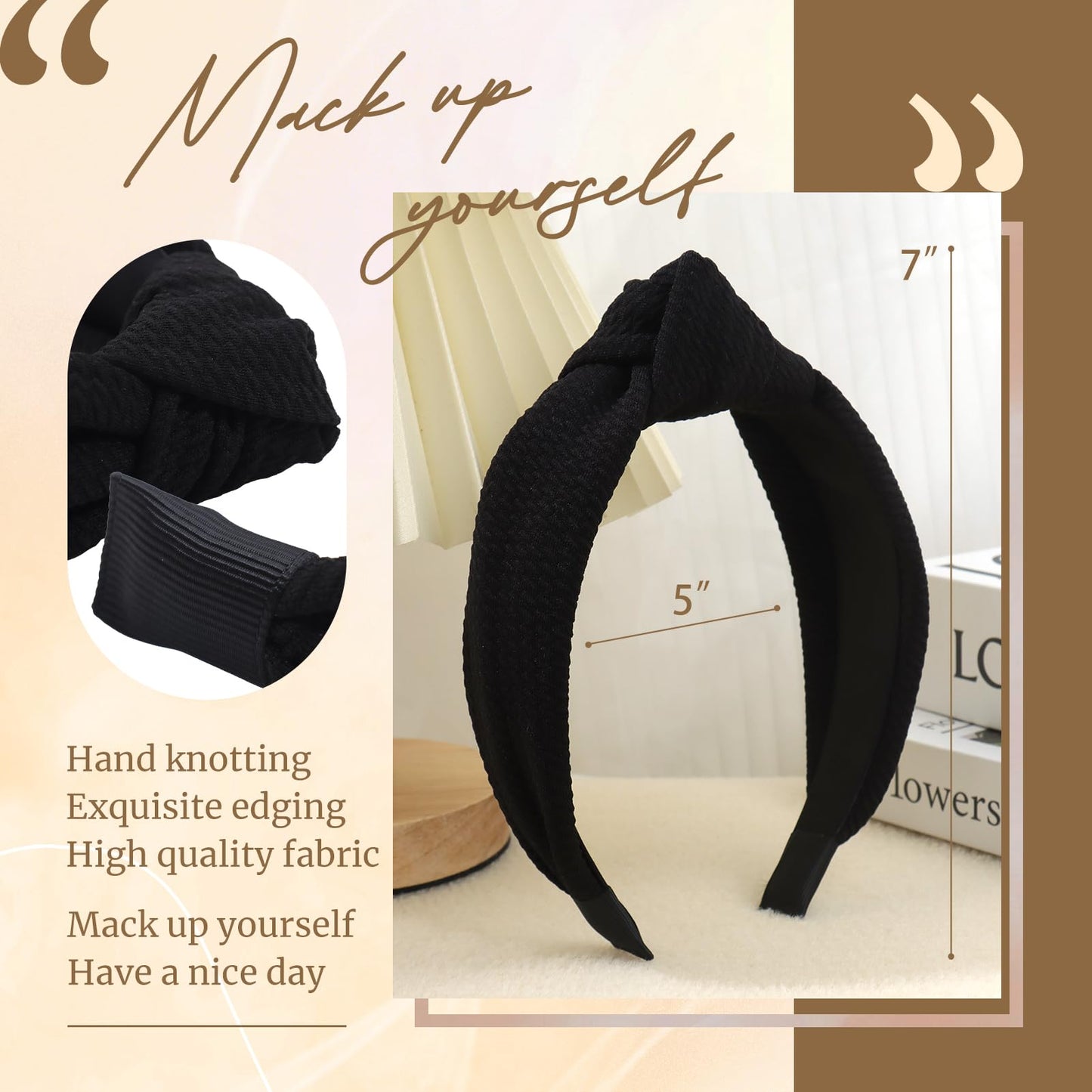 YanJie Knotted Headbands for Women and Girls Non Slip Hair Band Wide Bow Headband Fashion Waffle Head Band Hair Accessories Black and White 3PCS
